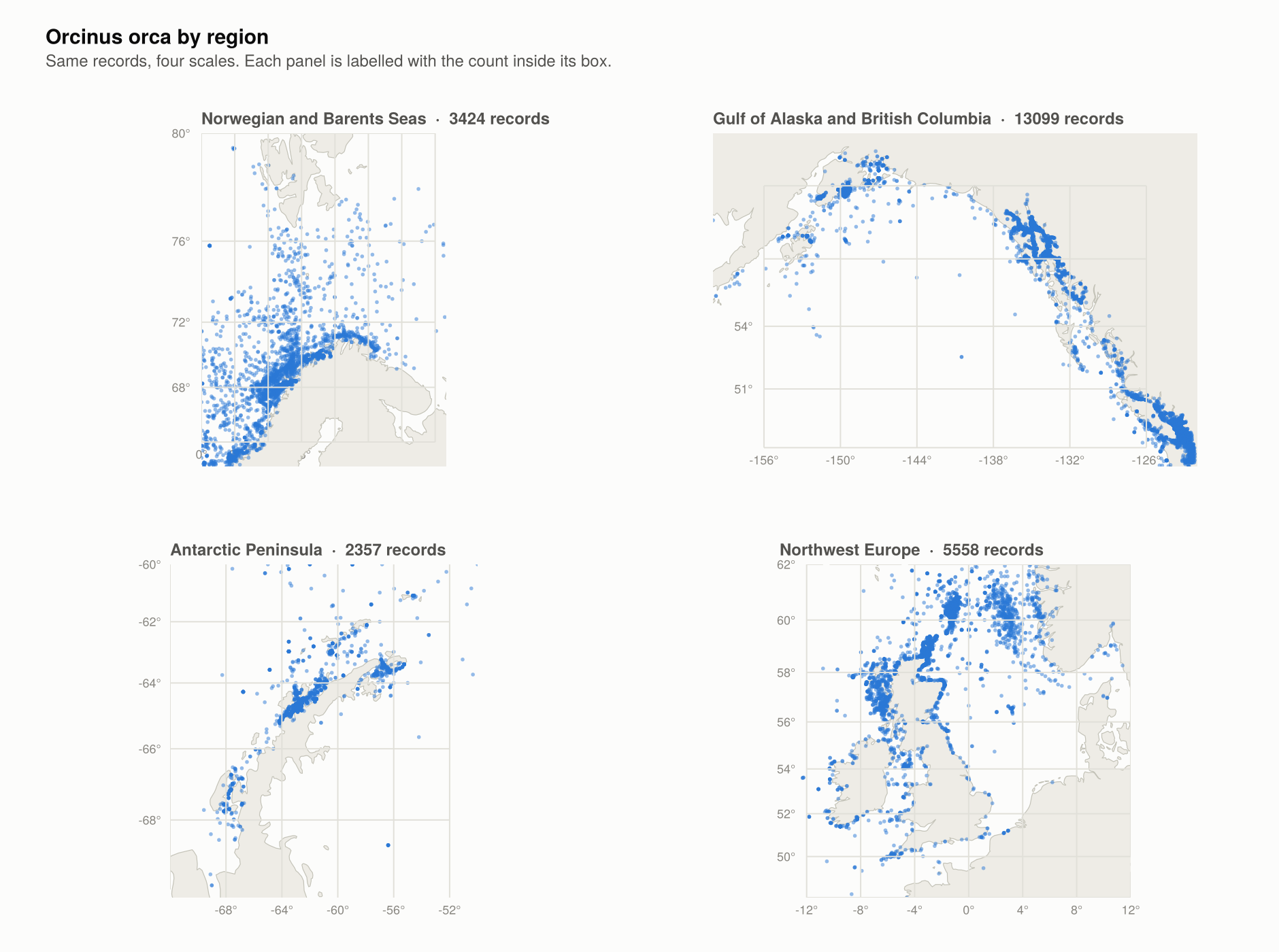 Killer whale records in four regions: Norwegian and Barents Seas, Gulf of Alaska, Antarctic Peninsula, northwest Europe