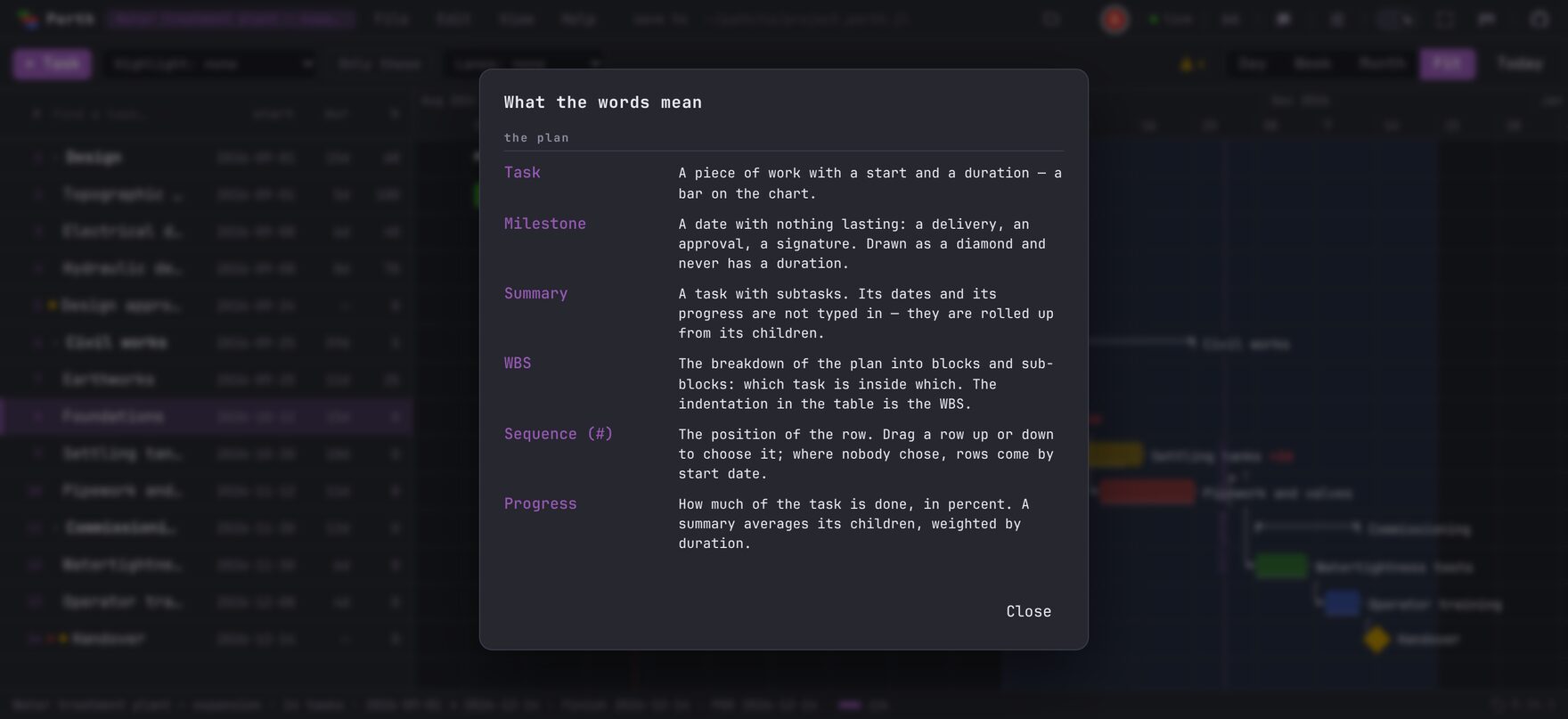The same plan in dark mode: quiet surfaces, the same bars and arrows.