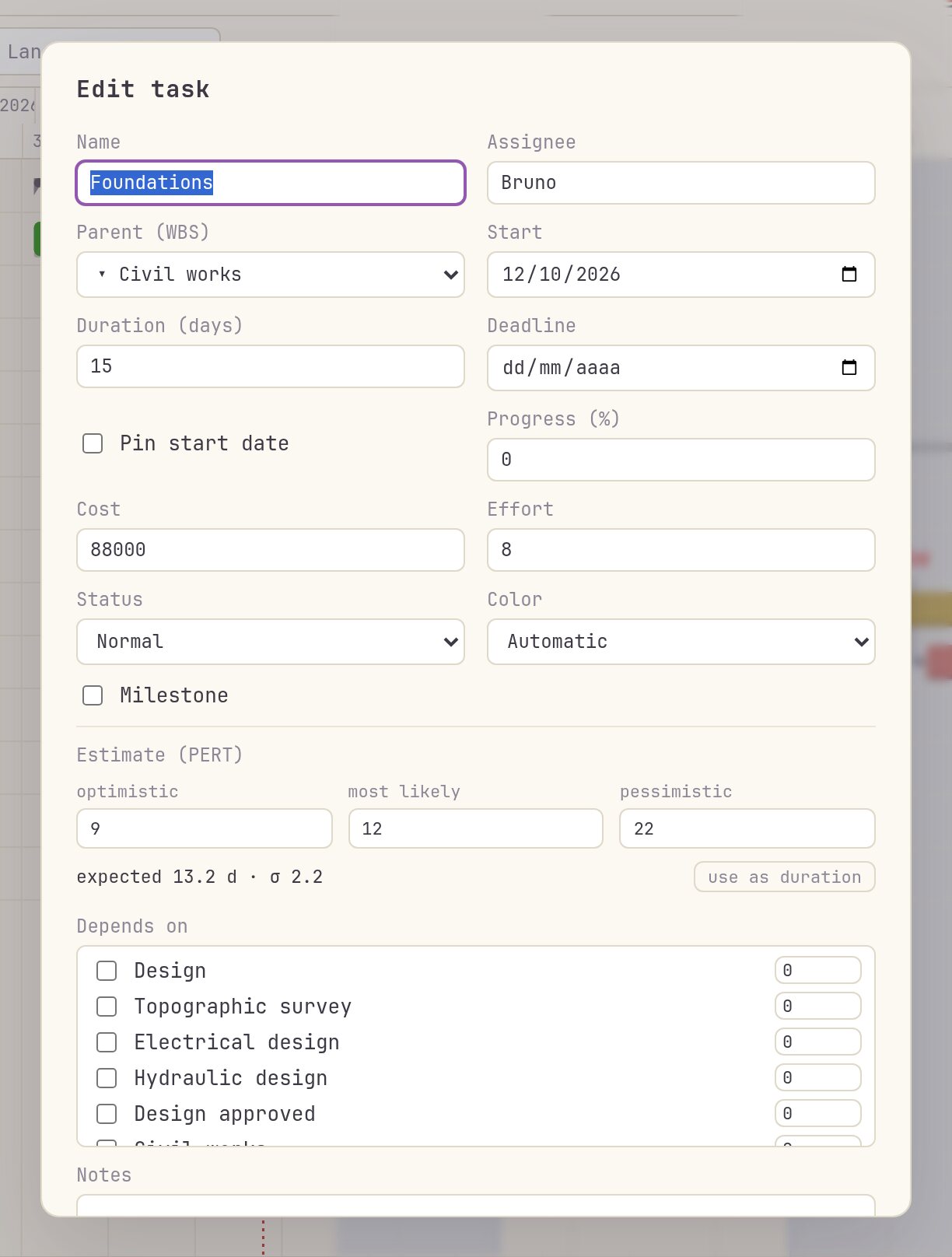 The task editor: name, dates, duration, assignee, progress, dependencies, deadline and the three-point estimate.